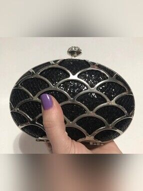 Black Glitter Shell Clutch with Silver Frame